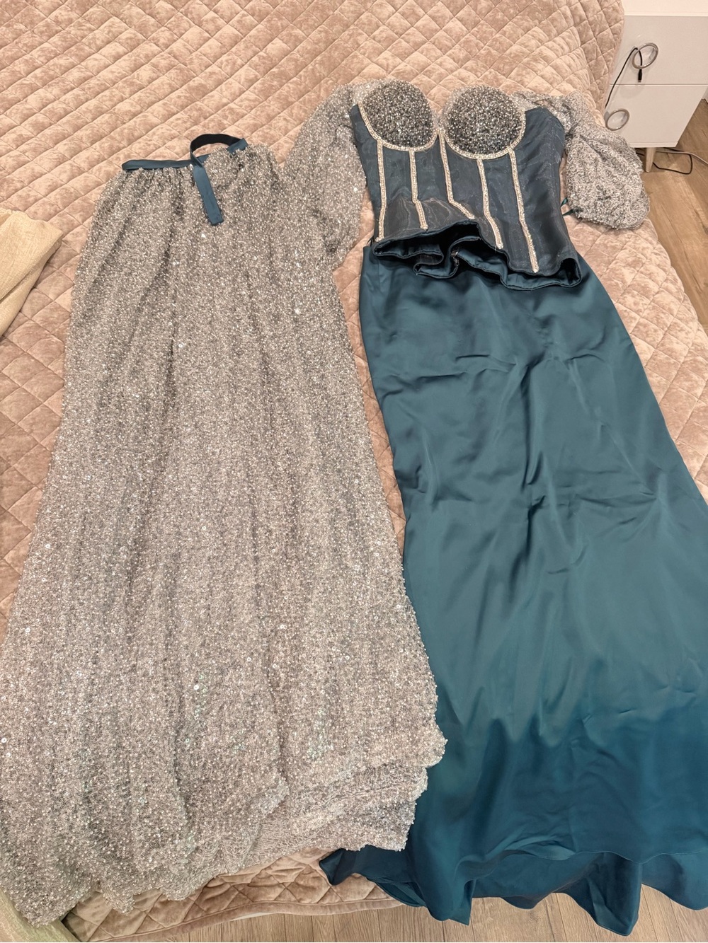 Teal Satin and Silver Sequin Two-Piece Maxi Dress Set
